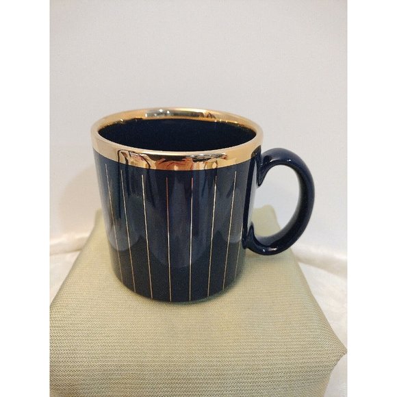 Porcelain Coffee Mug Blue W/Gold Tone Made In New England 3"3/4x3"1/2 New - Picture 1 of 6